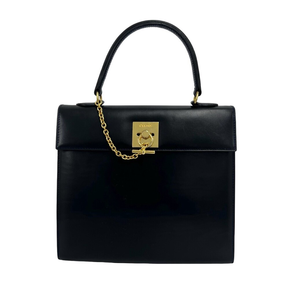 CELINE Vintage Logo Ring Hardware Calf Leather Handbag Mini Tote Bag Black 56278